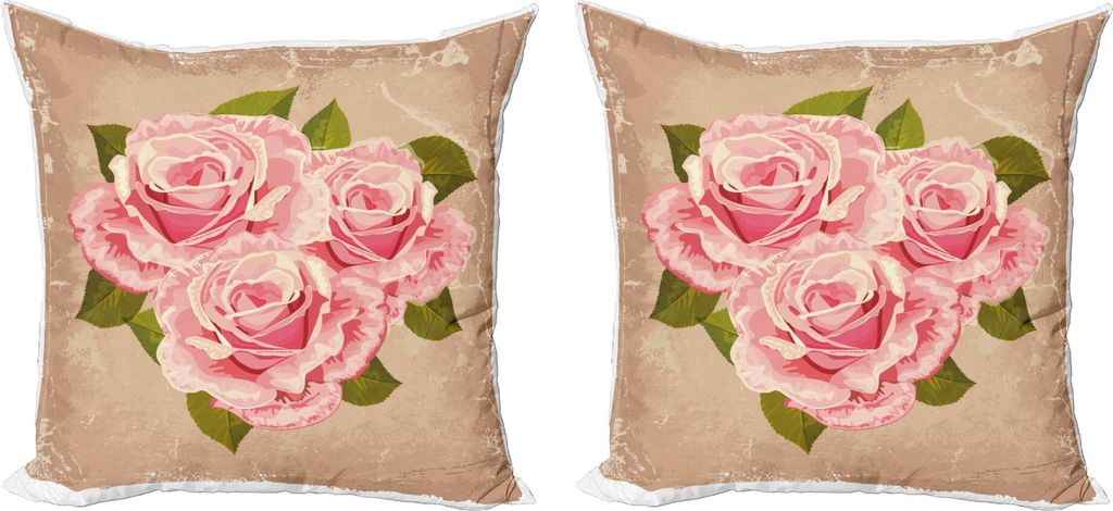 ABAKUHAUS Rose Kissenbezug Set (2Stück), Grunge Stil Rosa Blumenstrauß mit Blätter Natur Liebes Thema Illustration, 40 x 40 cm, Tan Pale Pink Grün