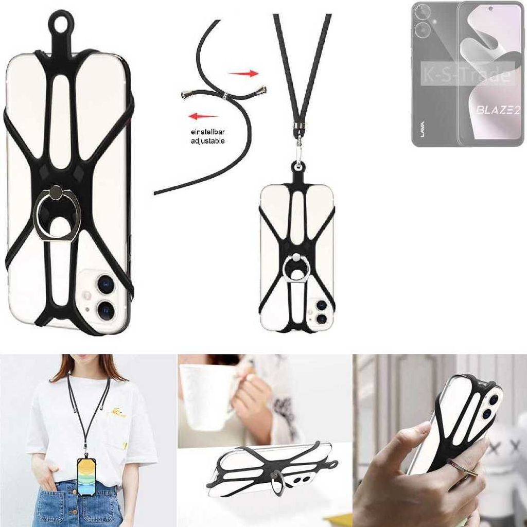 K-S-Trade 3in1 Handykette Handyband Handykordel Halsband Smartphone-Ring Handy-Ring kompatibel mit Lava Blaze 2 Fingerhalterung Handyring