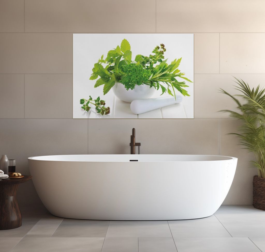 Wallario wasserfestes Poster selbstklebend 70 x 100 cm, Welt der Kräuter - verschiedene Kräuter in einem weißen Mörser, Badezimmerposter Spritz...