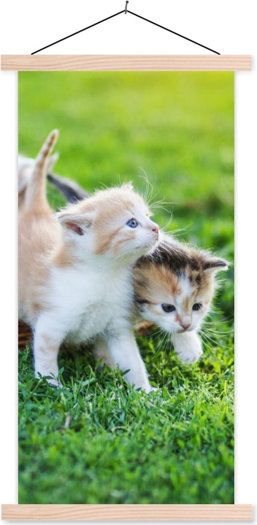 MuchoWow Textilposter Kätzchen - Katze - Korb - Mädchen - Kinder - Jungen - Kinder 40x80 cm mit holzfarbenen Rahmen - Wohnzimmer