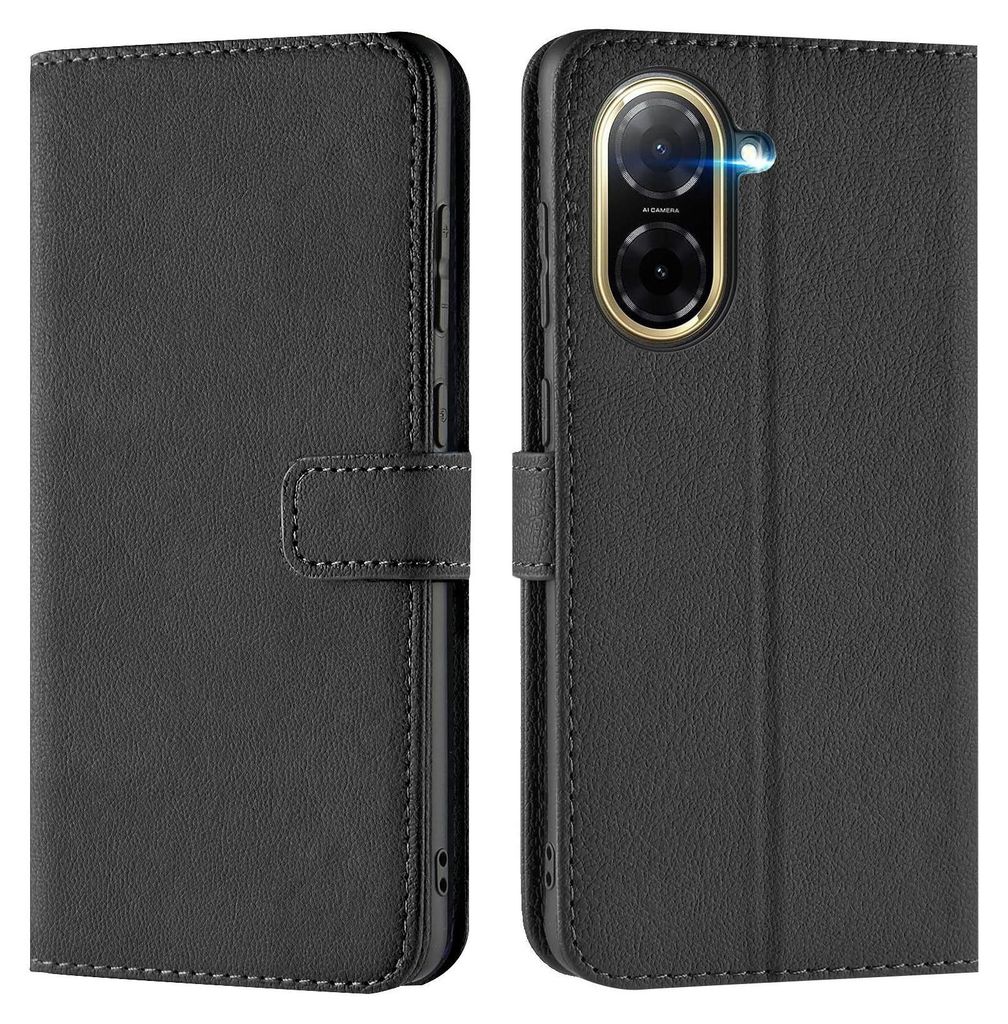 A black flip case for a smartphone is shown from two angles, open and closed.