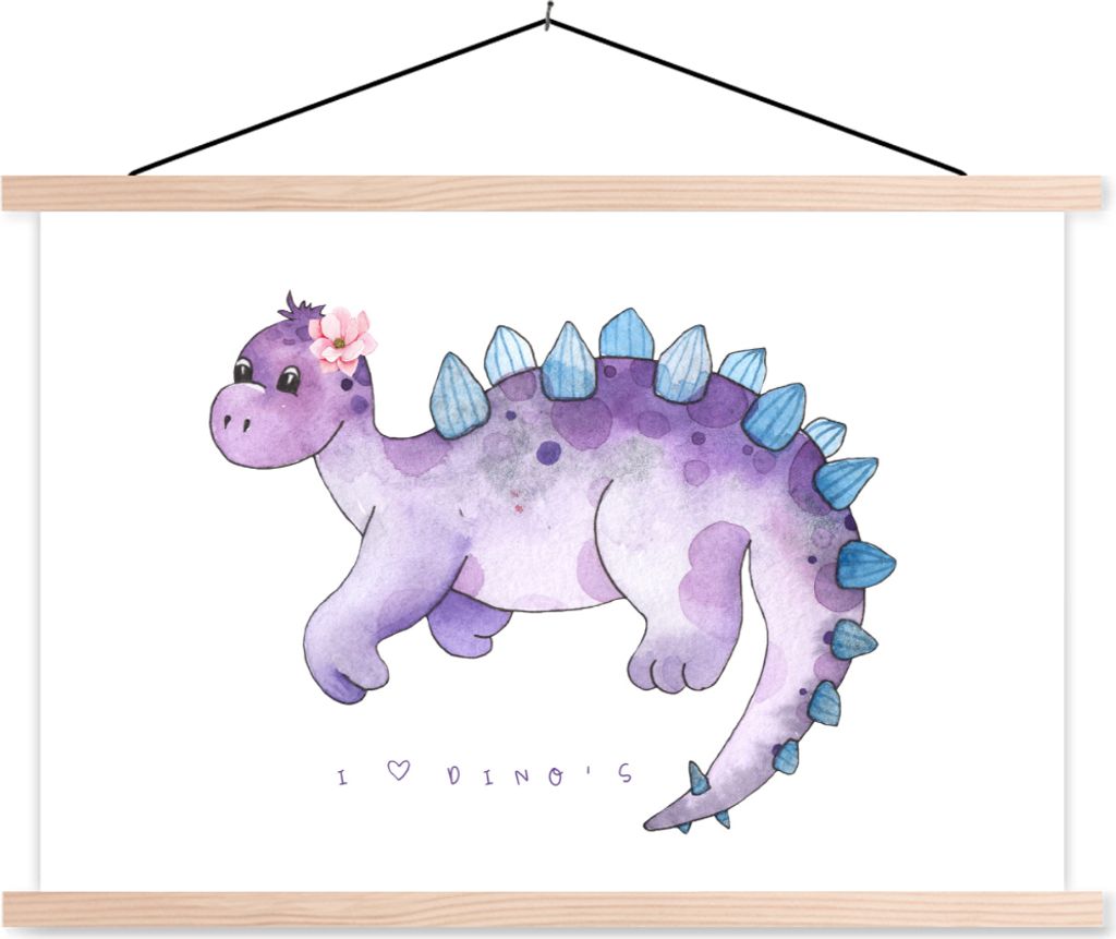 MuchoWow Textilposter Dinosaurier - Lila - Kinderzimmer - Mädchen - Kinder - Rosa - Kind 120x80 cm mit holzfarbenen Rahmen - Aufhängeset