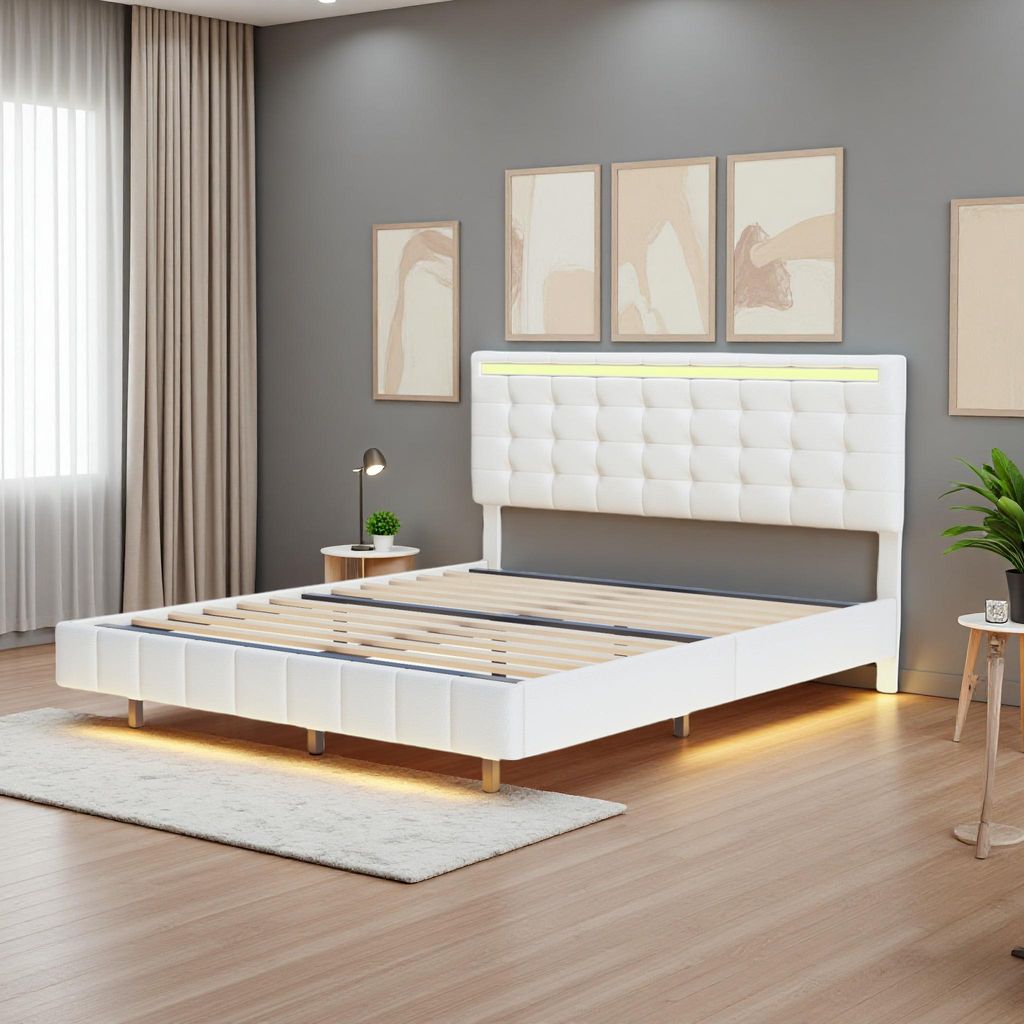 Fortuna Lai Polsterbett 160x200 cm, LED, USB, Schwebebett mit verstellbarem Kopfteil, Leinen, Beige