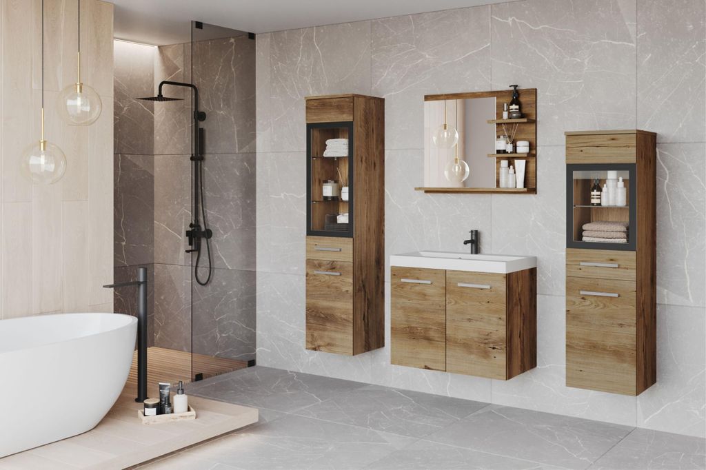 A modern bathroom with a bathtub, shower, and vanity set.