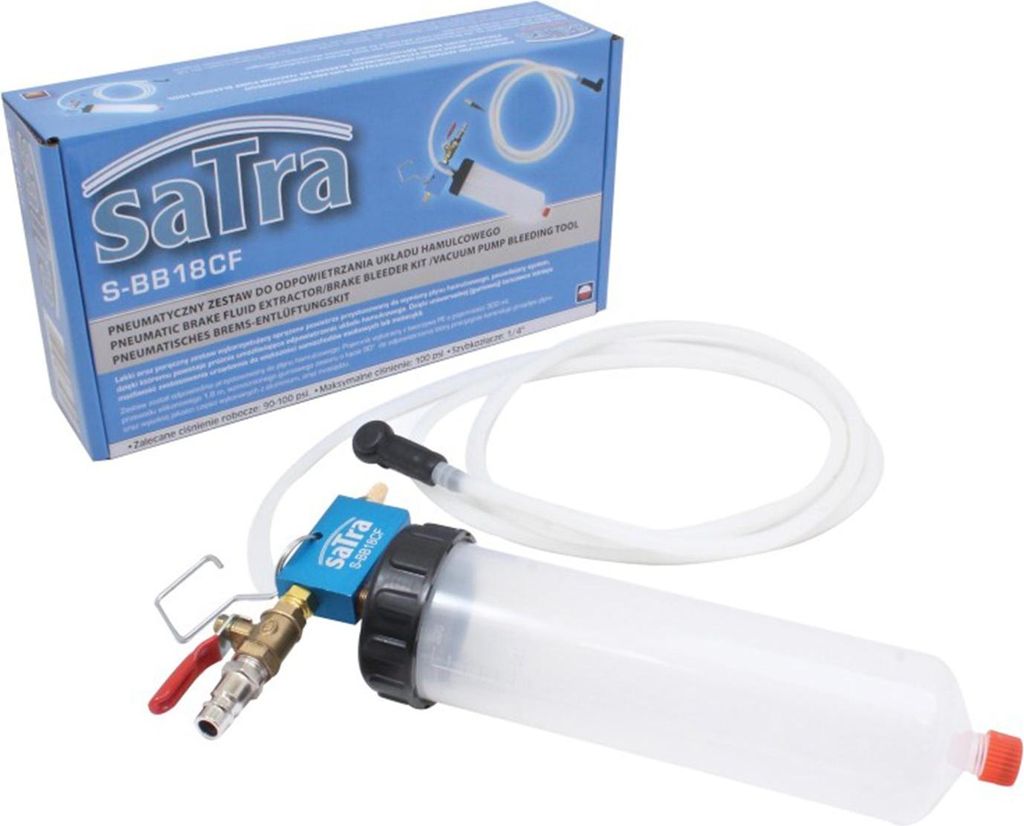A product shot of a brake fluid extractor and bleeder kit, with its packaging in the background.