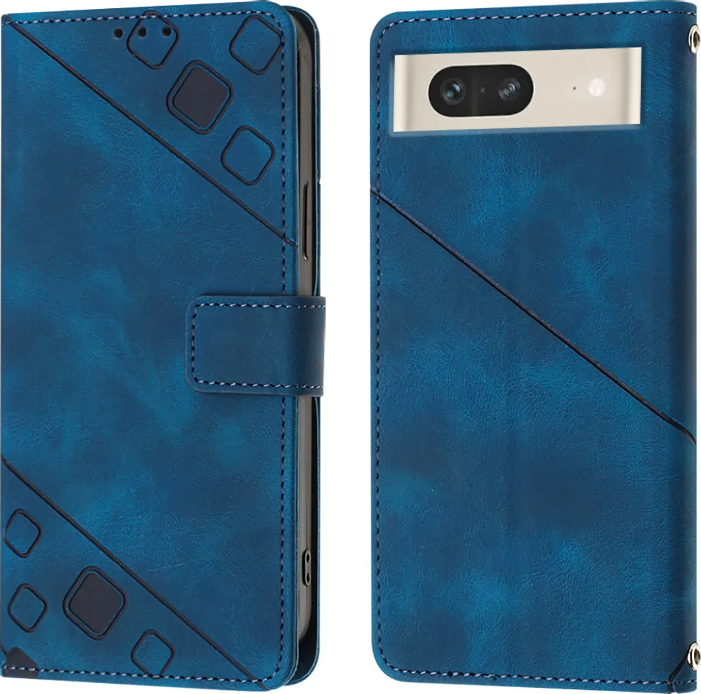 Custodia Google Pixel 7 Pelle Blu in Rilievo | Cover Portafoglio Stand