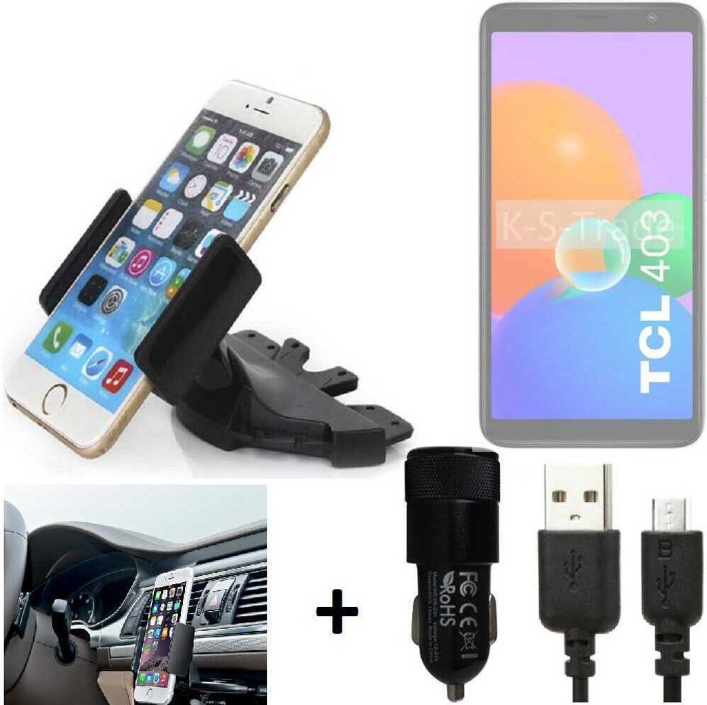 TOP SET K-S-Trade Autohalterung kompatibel mit TCL 403 CD Schlitz Halterung KFZ-Halter Radio Handy Halterung 360° drehbar DVD-Schacht inkl. Micro USB