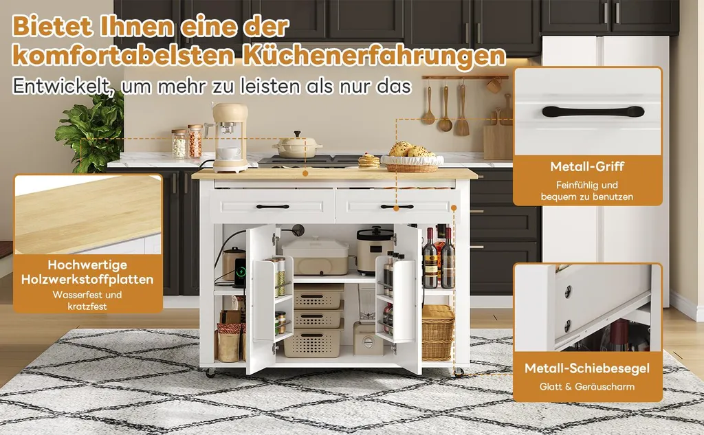 Îlot de Cuisine Extensible avec Prises Intégrées et Double Rangement - 8