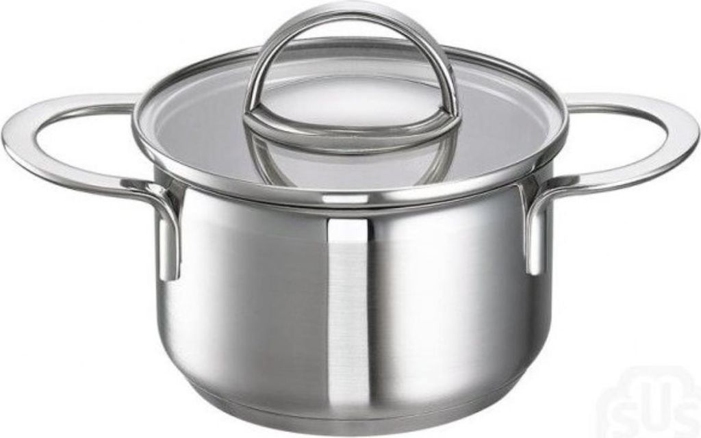 A stainless steel pot with a glass lid and handles, shown from a front-facing angle on a white background.