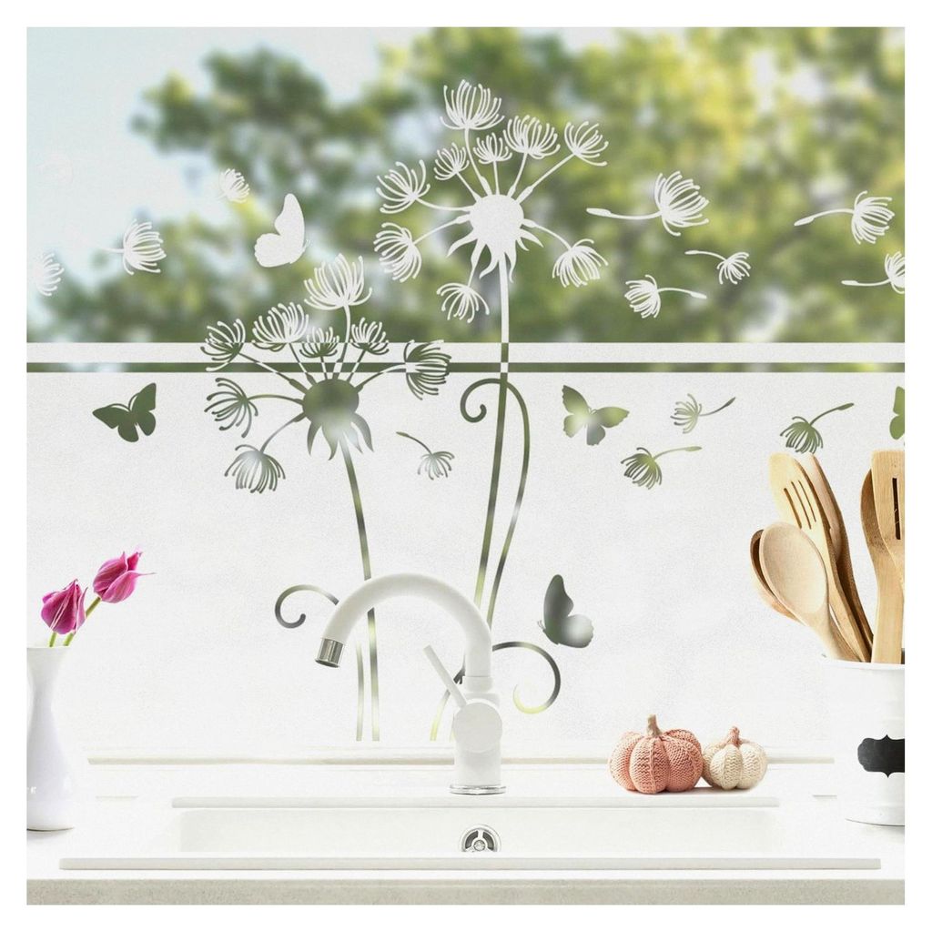 Fensterfolie statisch haftend mit Blumenmotiv für Sichtschutz - Pusteblume - Blickdicht - Weiss - 80x60cm