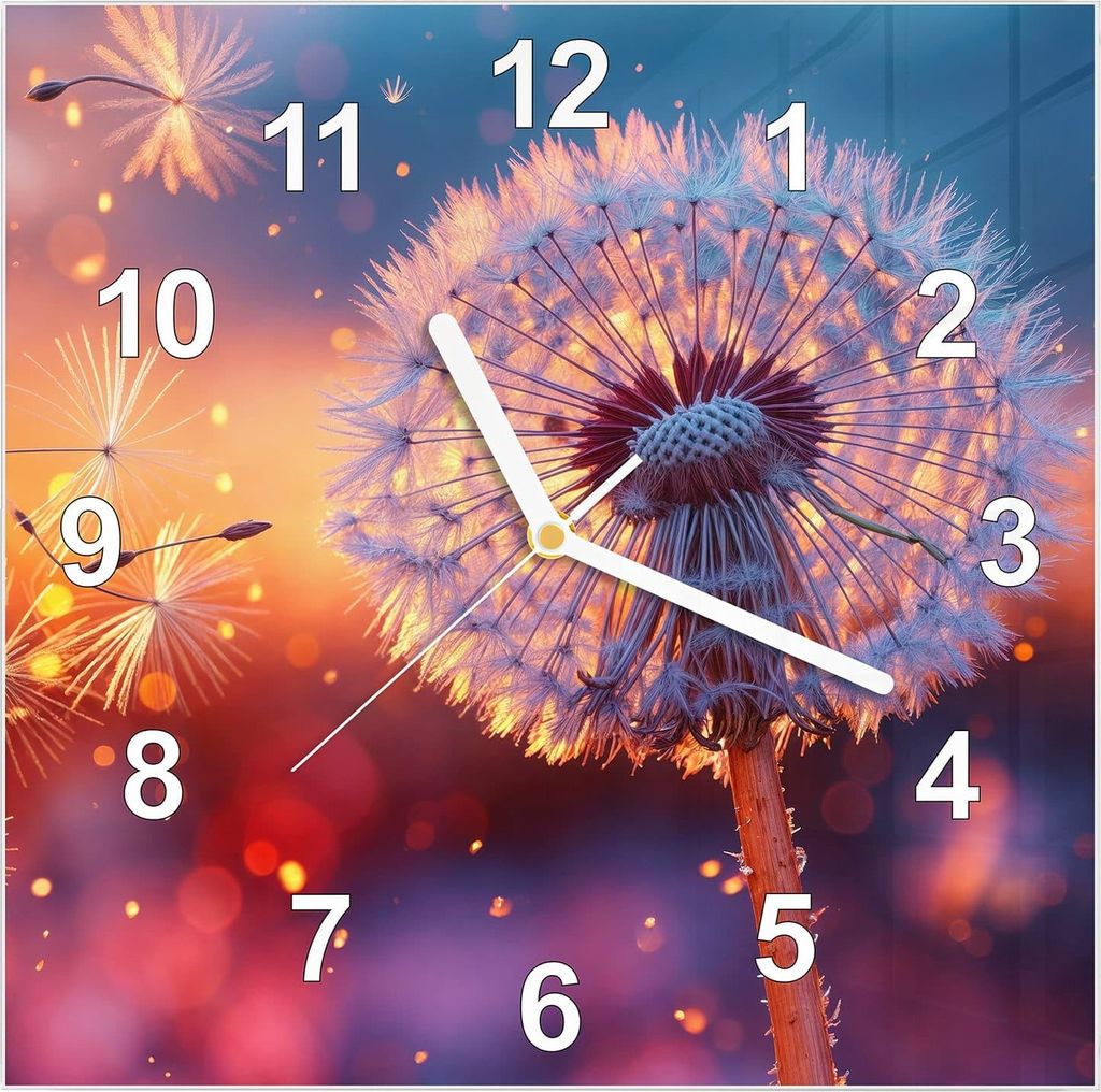 Wanduhr aus Glas mit Motiv Pusteblume Sonnenuntergang- 30 x 30 cm - inkl. Aufhängesystem