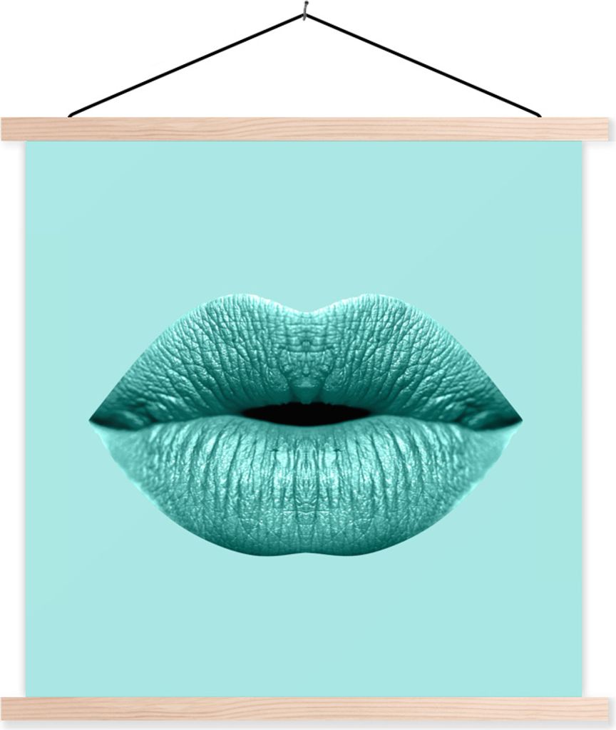 MuchoWow Textilposter Lippen - Pastell - Blau 60x60 cm mit holzfarbenen Rahmen - Wanddekoration