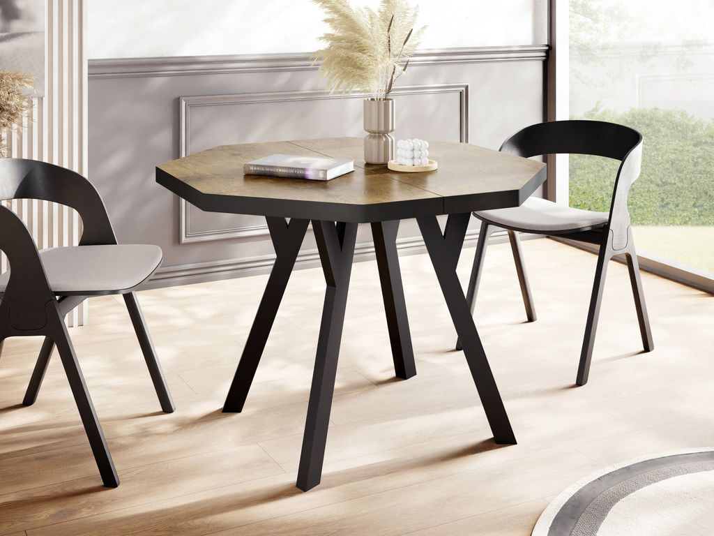 Moderner Runder Ausziehbarer Esstisch Desmond mit Schwarz Holzbeinen – Erweiterbar bis 150 cm, Ideal für 4 bis 8 Personen - Loft-Stil Tisch für...