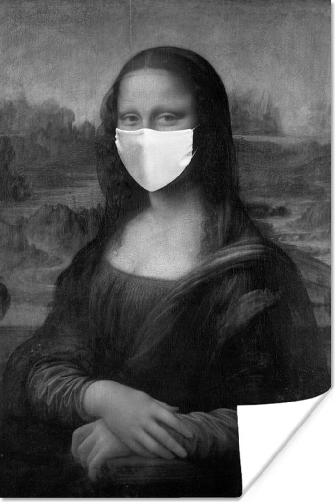 MuchoWow Poster Mona Lisa mit weißer Mundhaube - Gemälde von Leonardo da Vinci - schwarz-weiß 80x120 cm - Papierdruck