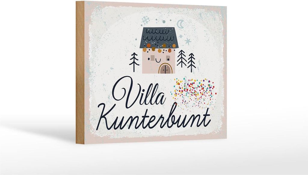 Holzschild Villa Kunterbunt, 18x12 cm, Holzschilder Deko Spruch Haus wohnen