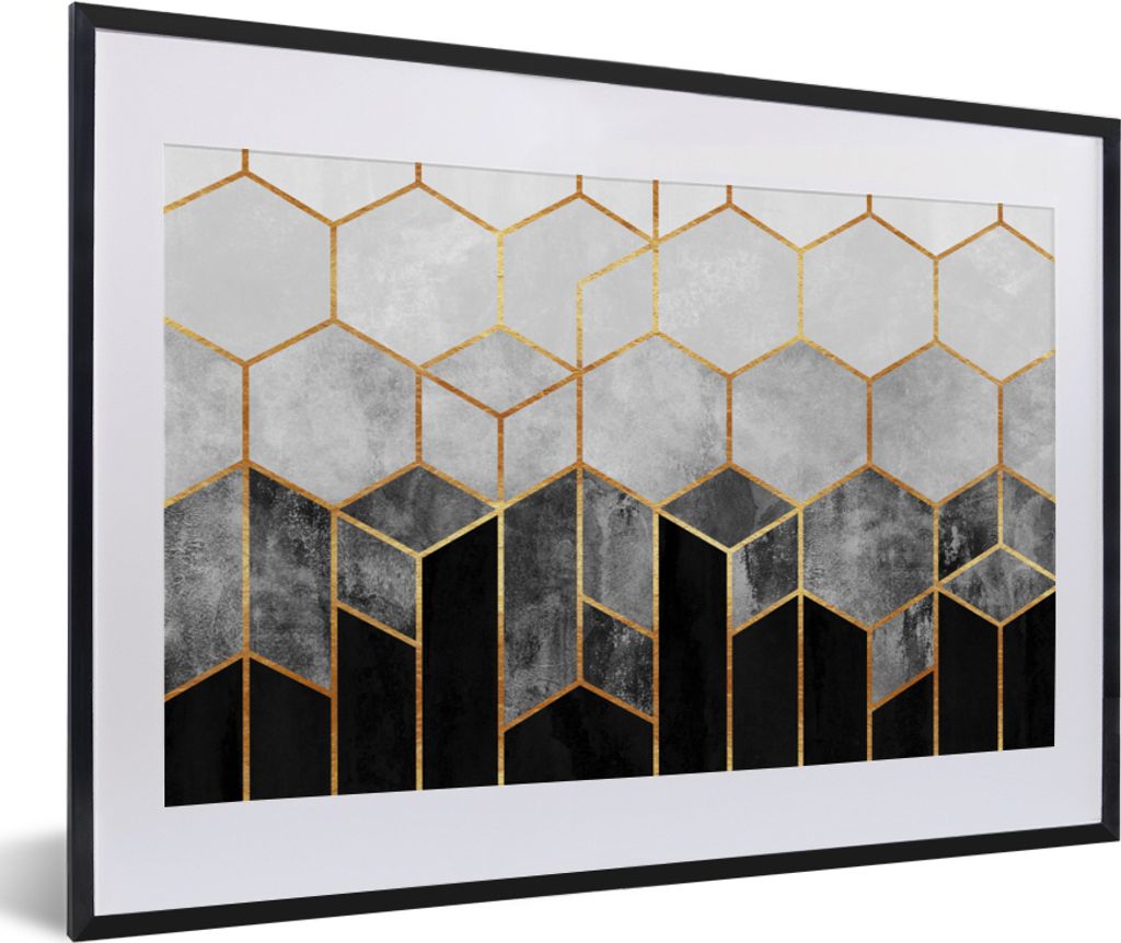 MuchoWow Gerahmtes Poster Gold - Sechseck - Chic - Muster - Luxus 60x40 cm - Poster mit Schwarzem Bilderrahmen Wandposter Rahmen Foto Bilder - Sc...
