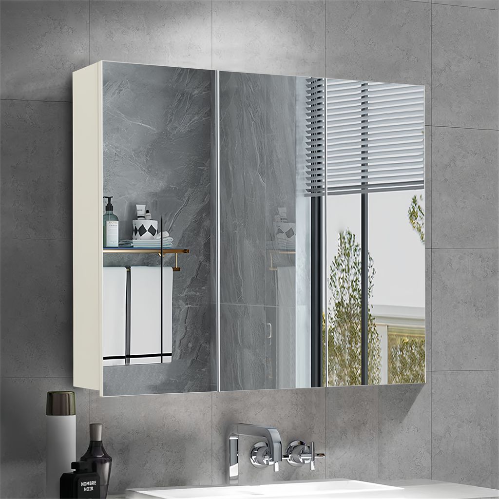 A modern bathroom setting with a wall-mounted medicine cabinet featuring mirrored doors and an open compartment with shelves.