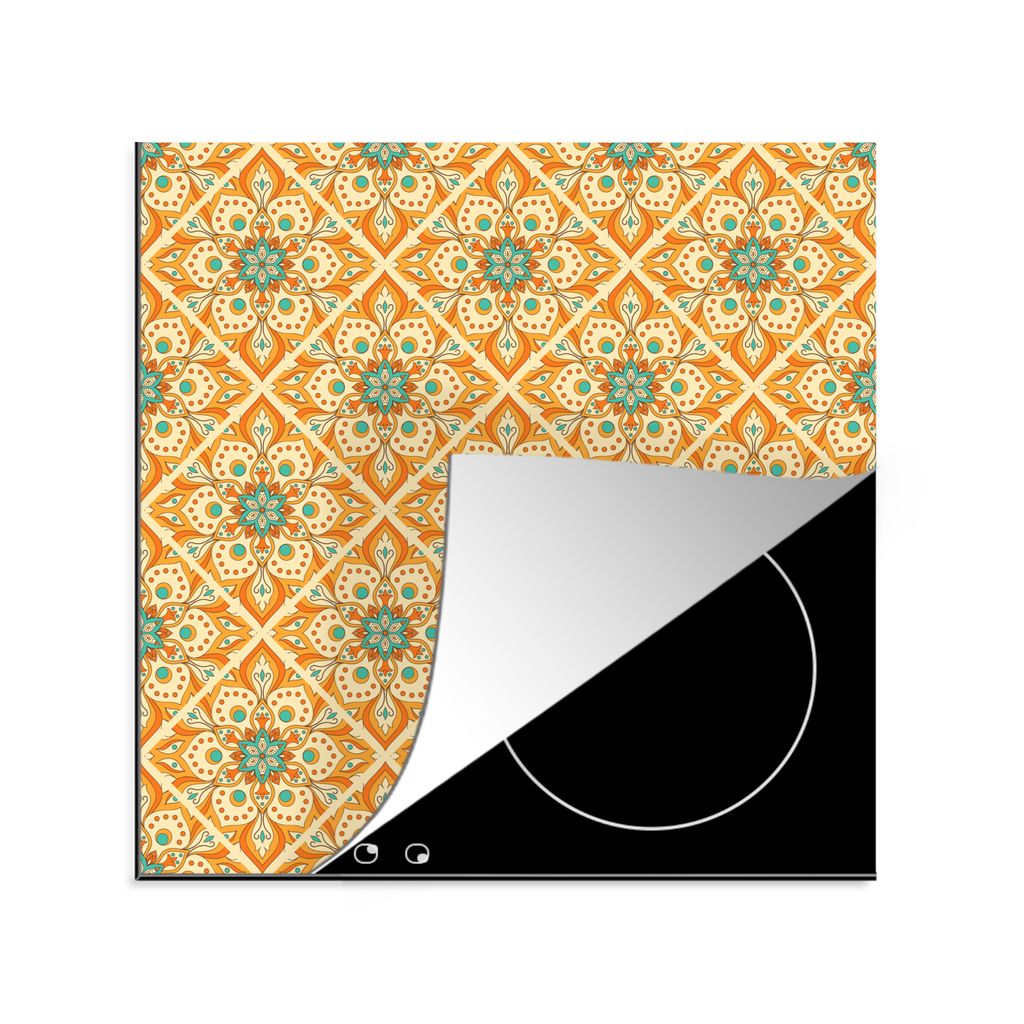 KitchenYeah Herdabdeckplatte Mandala - Boho - Blumen - Orange - Muster , 78x78cm, Küche Deko, Glaskeramikkochfeld Herdabdeckung, Abdeckplatte f...