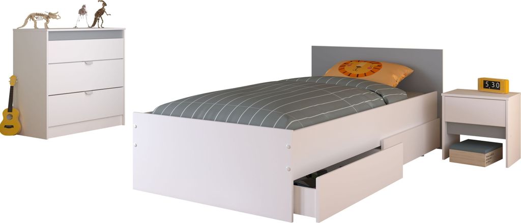 Parisot Jugendzimmer Kinderzimmer Pirouette26 in weiß mit grau oder rosa Set 3-teilig mit Bett, Kommode und Nachttisch