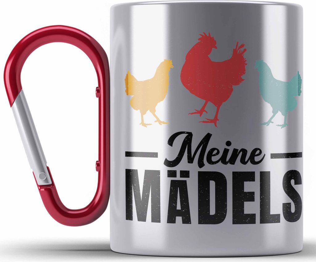 Trendation - Meine Mädels Edelstahl Tasse Karabiner Geschenk Spruch Hühner Bauer Bäuerin Landwirt Geschenkidee (Rot)