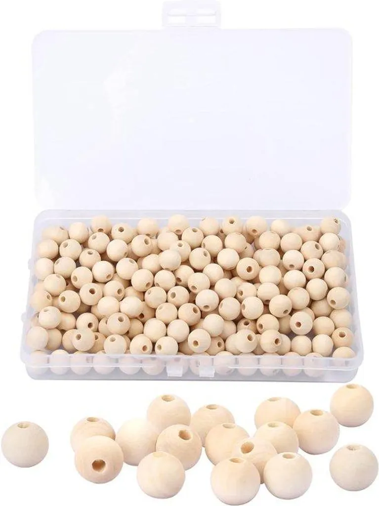 Lot de 300 perles en bois naturel 10 mm avec boîte de rangement incluse