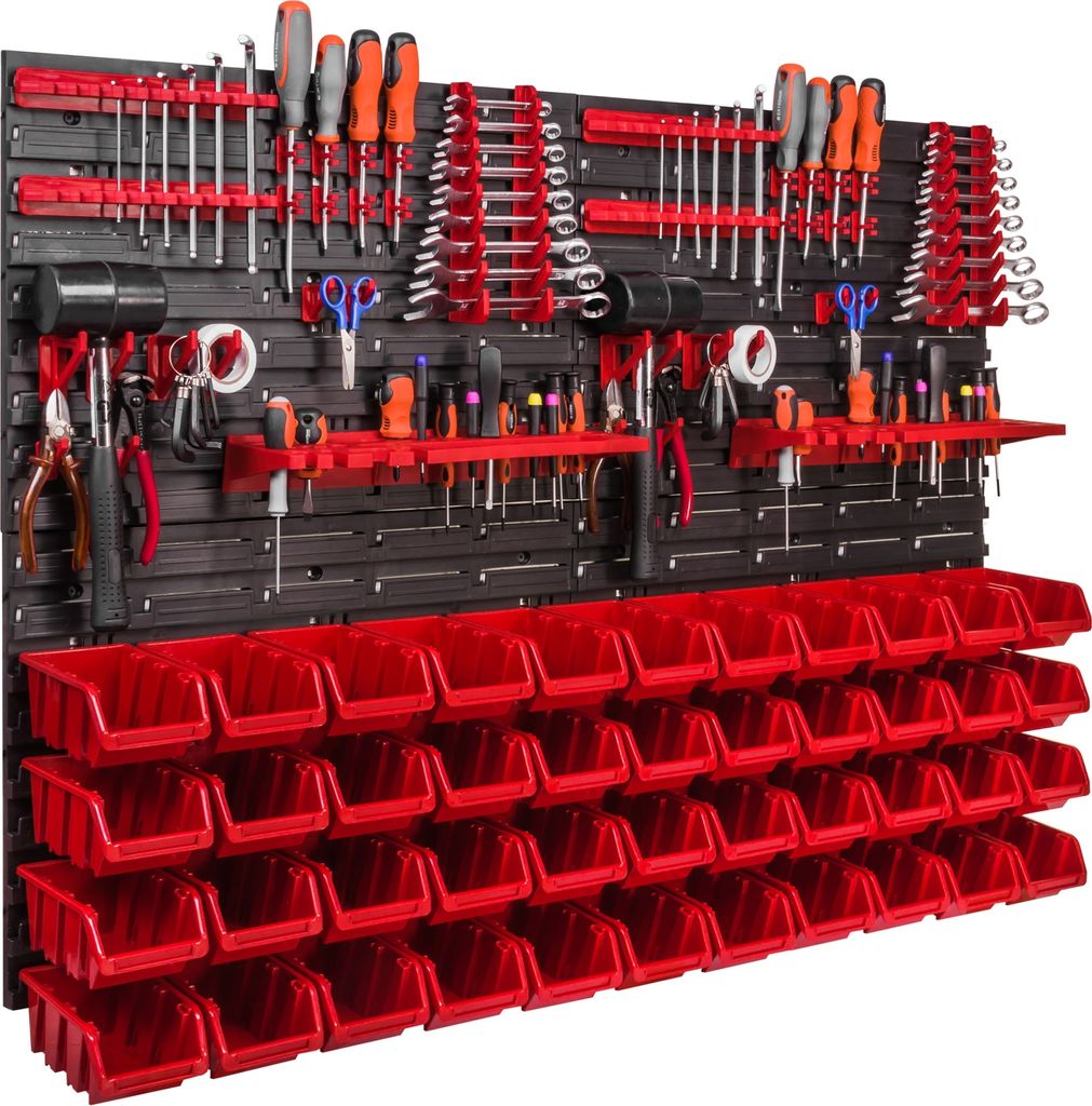 A tool wall organizer with various tools and storage bins.