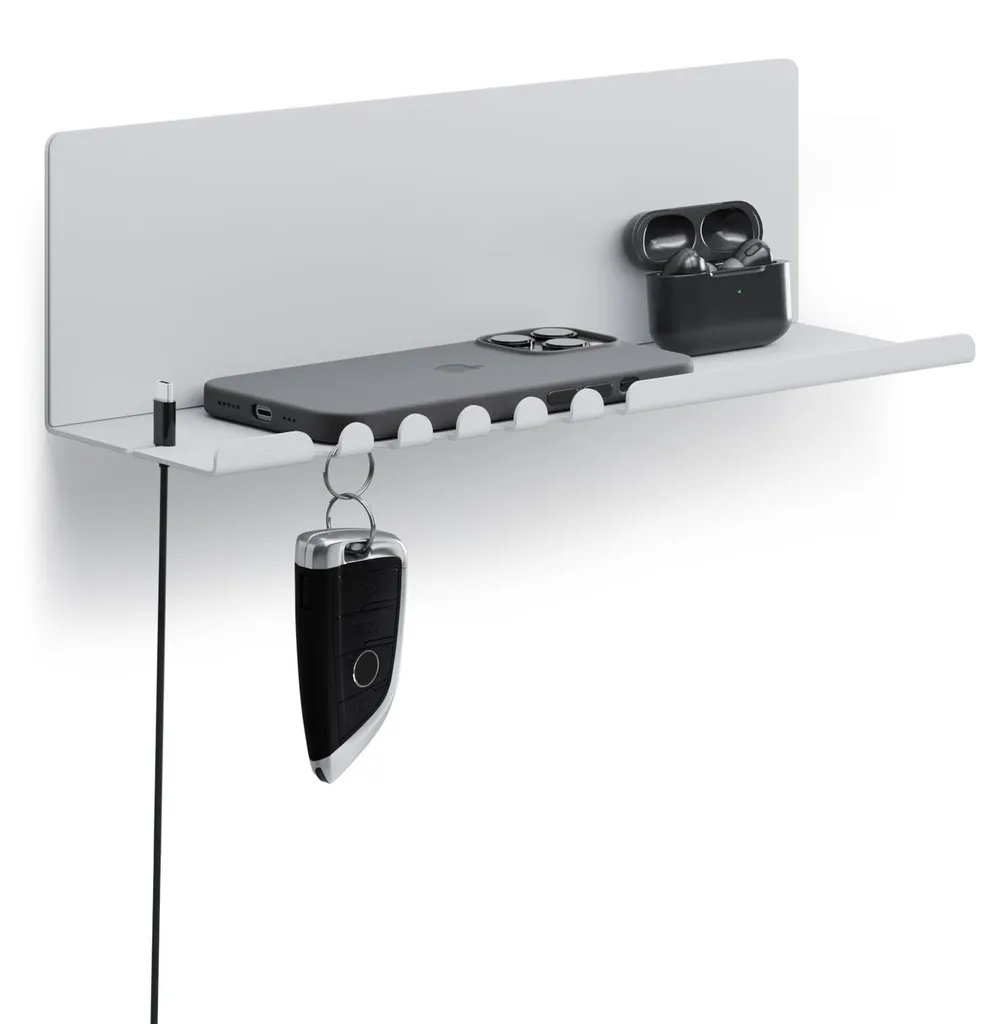 Étagère murale Helke grise 30cm : porte-clés et porte-lettres en acier