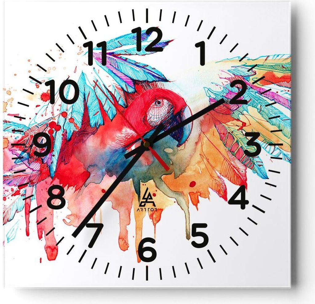 Wanduhr - Quadrat - Glasuhr - Natur Malerei Papagei Kinder - 40x40cm - Schleichendes Uhrwerk - Lautlos - zum Aufhängen bereit - Dekoration Modern ...
