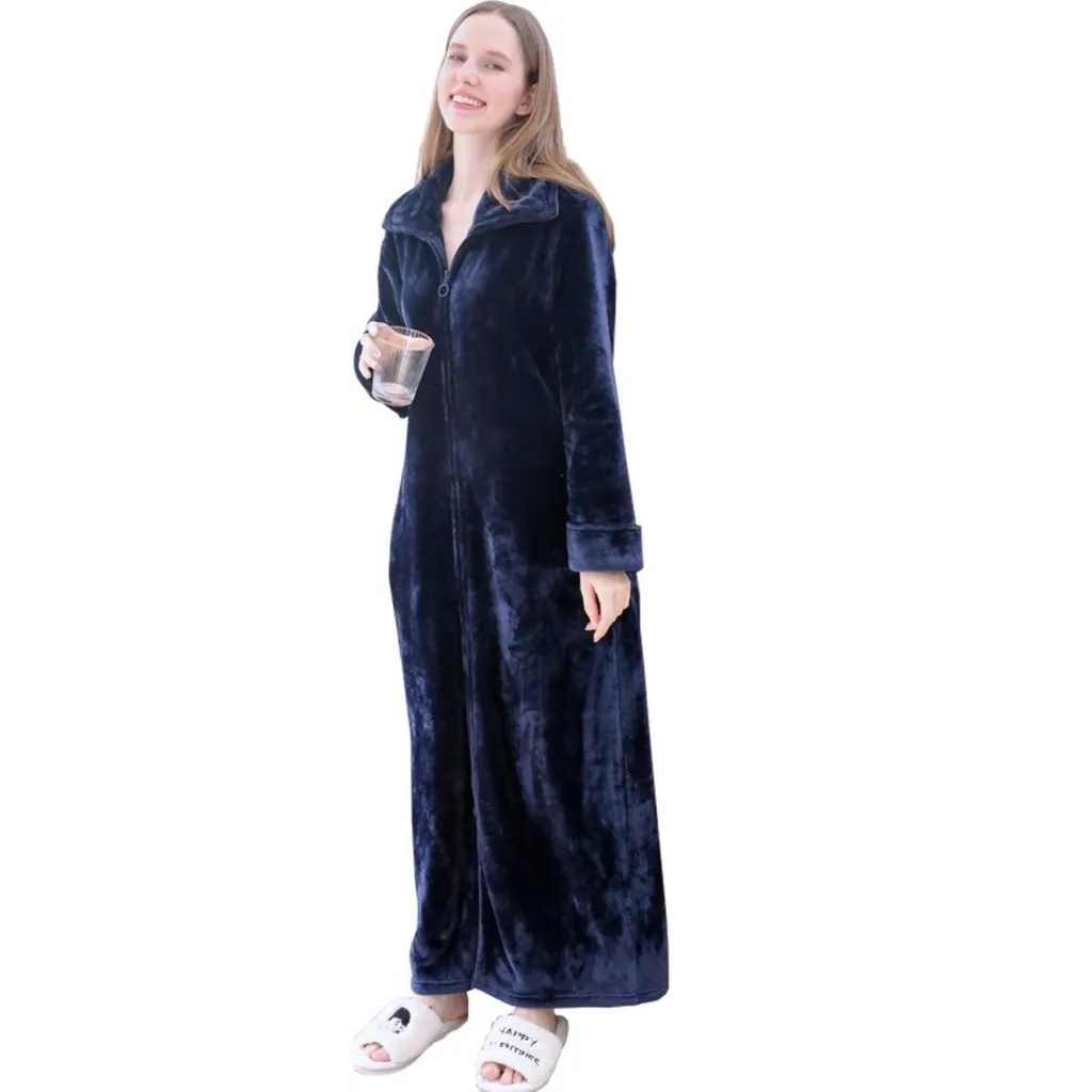 Accappatoio Invernale Unisex con Cerniera in Flanella Blu Navy Taglia L