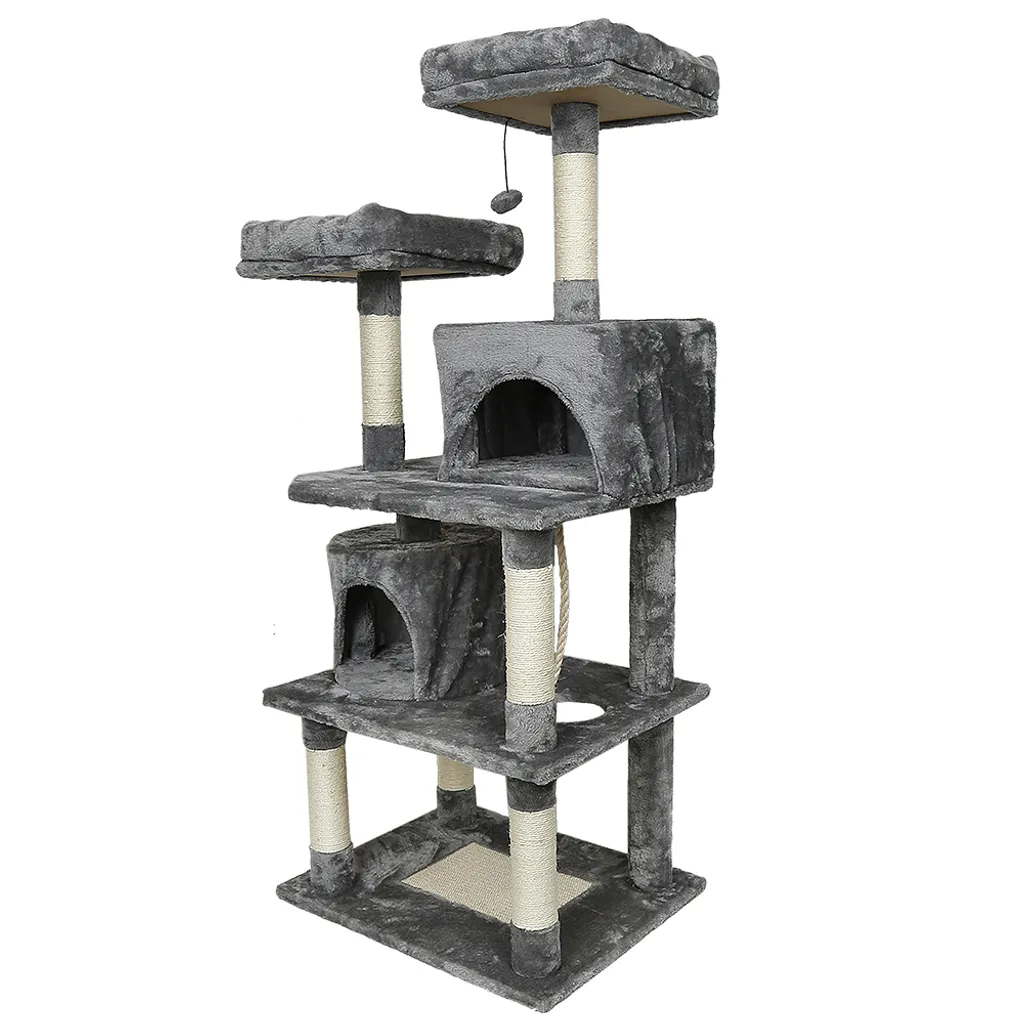 Arbre à chat stable 145 cm gris, design multi-niveaux avec hamac - 7