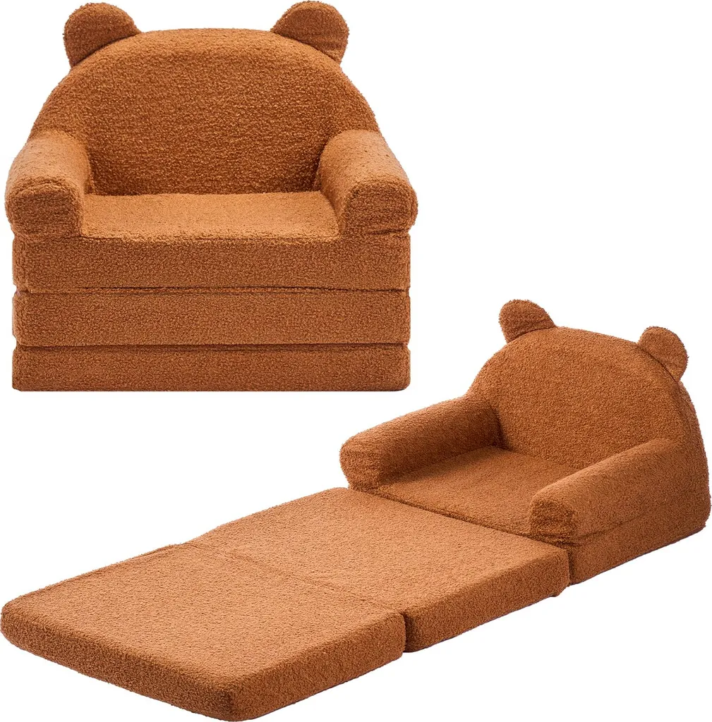 Fauteuil Enfant Convertible et Canapé-lit en Peluche Douce Marron
