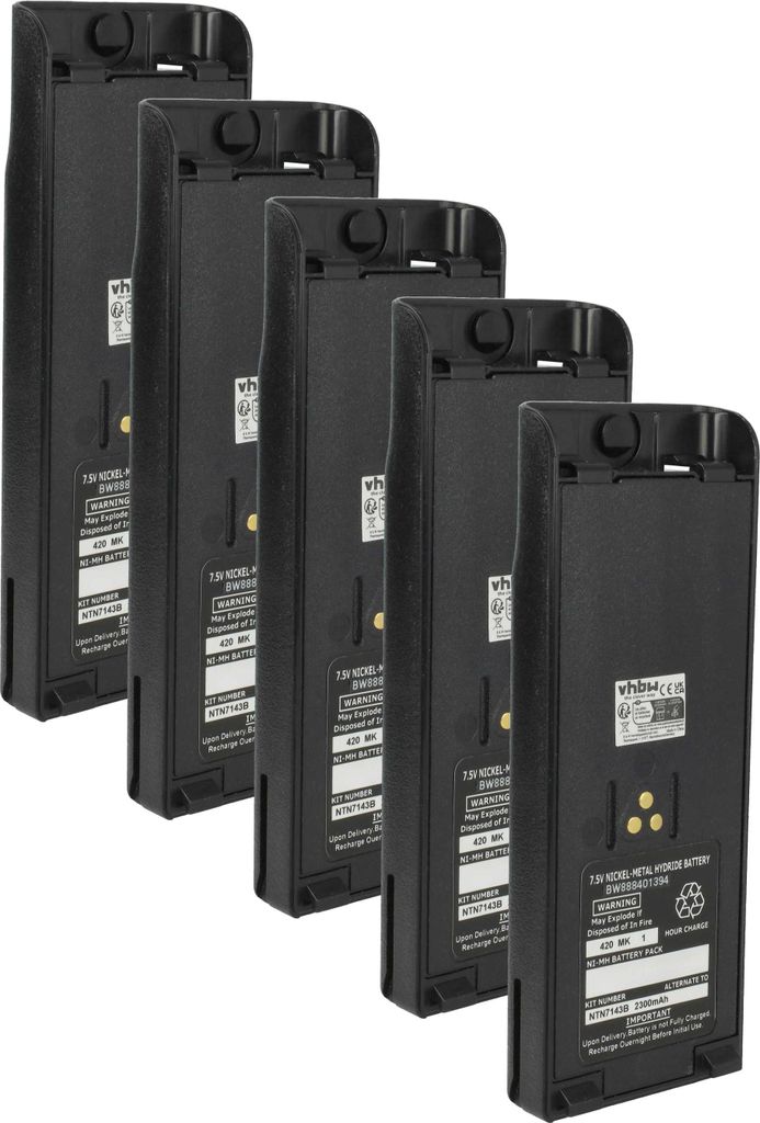 vhbw 5x Akku kompatibel mit Motorola MTS2013, PTX1200, MTZ2000, MTX9000, MTX8000 Funkgerät, Walkie Talkie (2300 mAh, 7,5 V, NiMH) + Gürtelclip