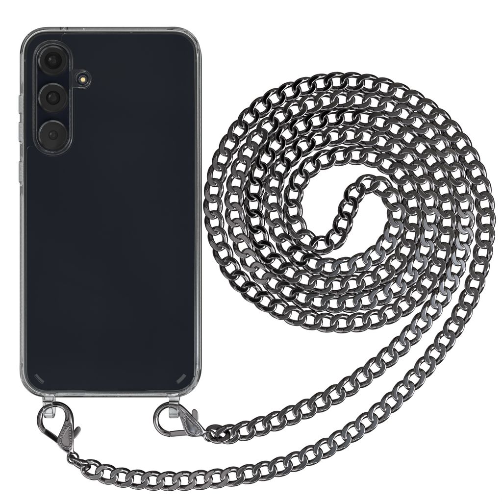 EAZY CASE Metall Handykette für Samsung Galaxy A55, Handyhülle mit Umhängeband, Silikonhülle, Metallkette für Smartphone in Grau