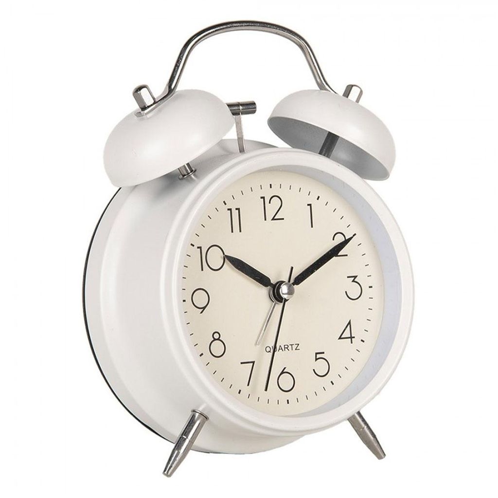 LS-LebenStil Retro Glockenwecker Weiß Grau 13x9x5cm Analog Vintage Quarzwecker Nostalgie Schlafzimmer Nachttisch Tischuhr Alarm Clock kleine Tischuhr