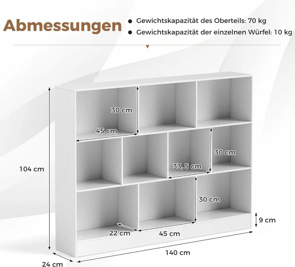 Bibliothèque blanche à 3 niveaux avec 10 compartiments ouverts design - 2