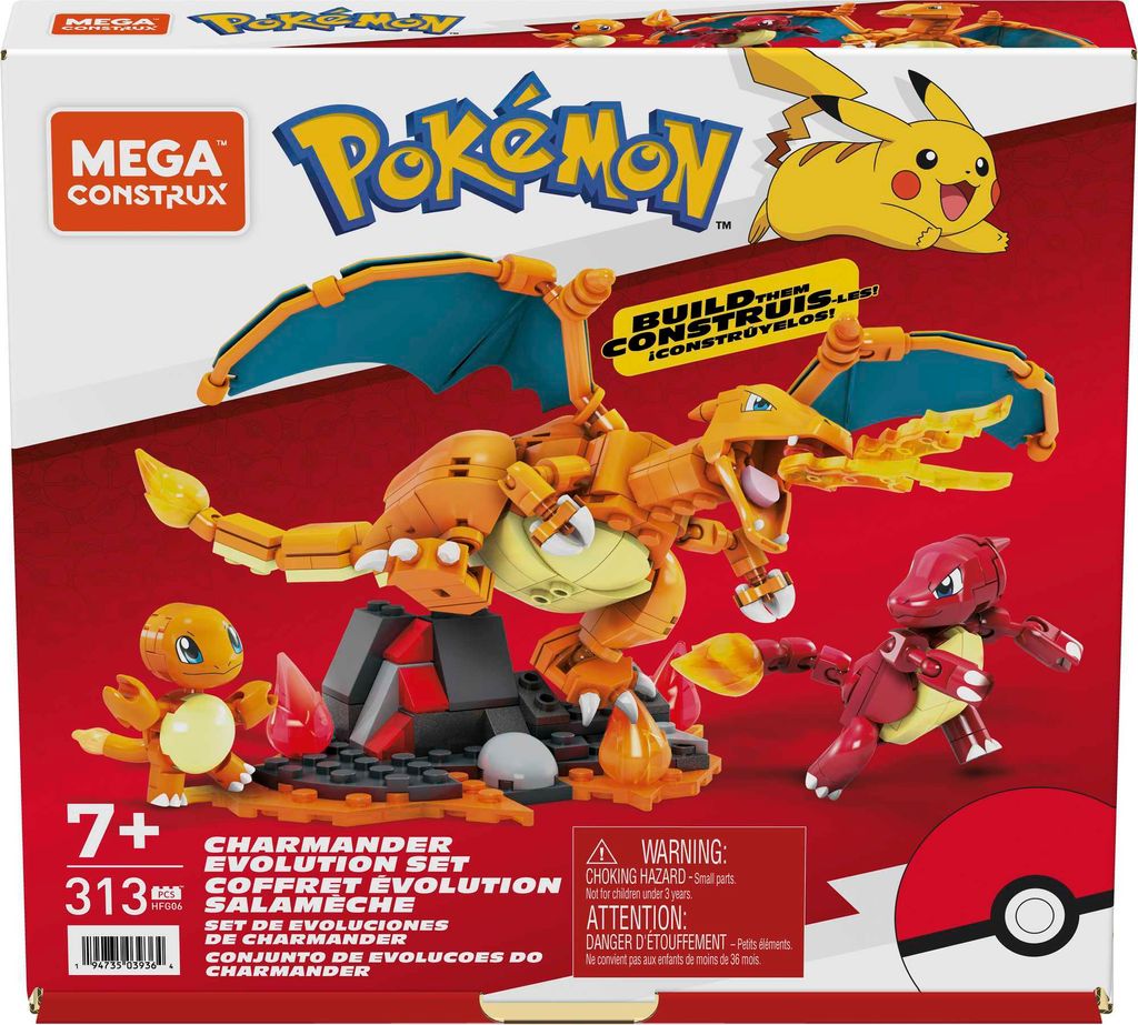 The image shows the packaging of a Mega Construx Pokemon Charmander Evolution Set. The packaging features illustrations of Charmander, Charmeleon, and Charizard, along with the Pokemon logo and Mega Construx logo.