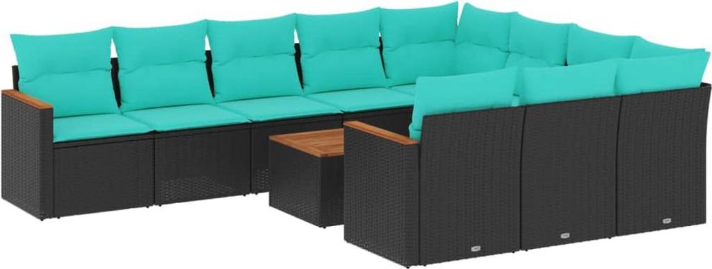 11-teiliges Gartensofa-Set mit Kissen, schwarzes Polyrattan