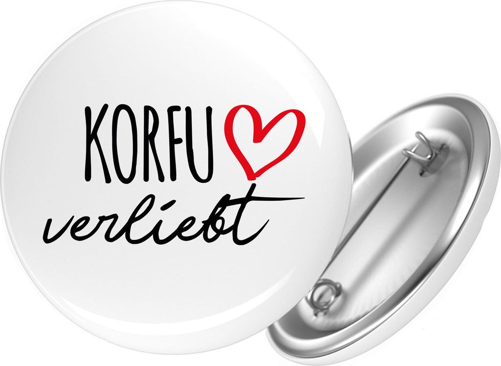 Huuraa Button Korfu verliebt 59mm rund mit Sicherheitsnadel Ansteckbutton Geschenkidee
