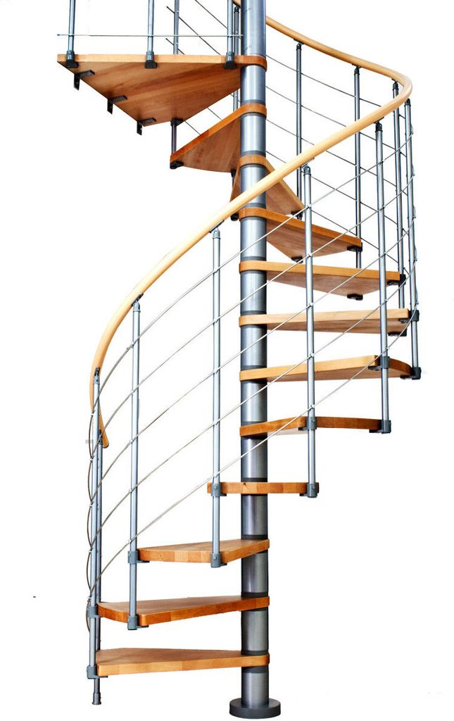 Dolle Spindeltreppe Oslo Ø160cm mit 252-276cm Geschosshöhe 11 Stufen Buche lackiert Geländer grau, mitlaufende Edelstahlstäbe