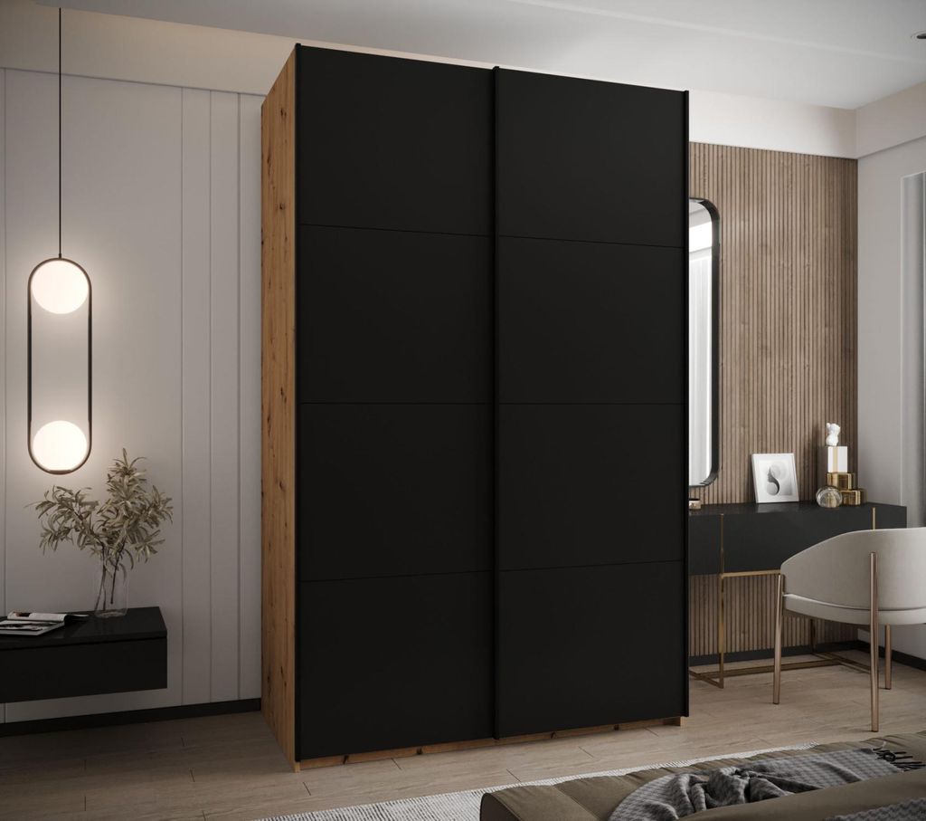 Zweitüriger Kleiderschrank SAMARA 1 - 160 cm, Eiche handwerklich / schwarz / schwarz
