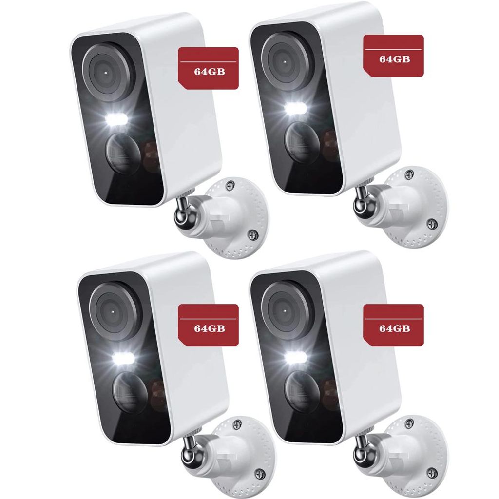 2K/3MP Überwachungskamera Aussen Akku,WLAN Kabellose Überwachungskamera außen/innen mit farbige Nachtsicht 32&64GB Speicher Karte 4PCS