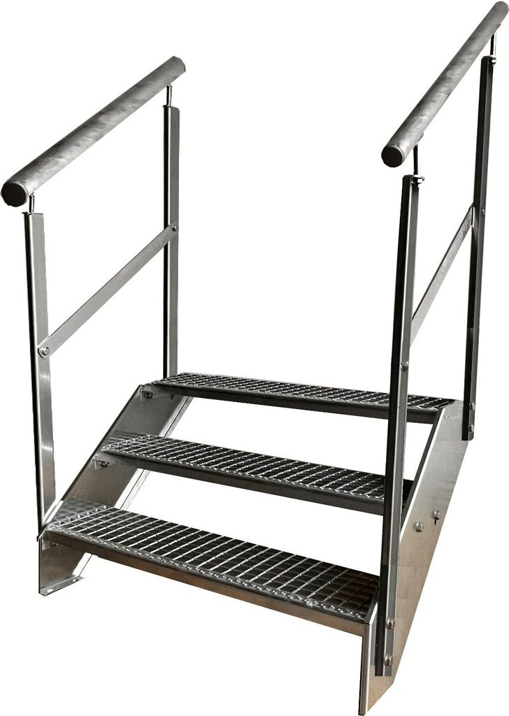 Gitterrost Stahl Wangentreppe 3 Stufen Verzinkt + beidseitigem Geländer - (L x B x H) 63cm x 100cm x 57cm