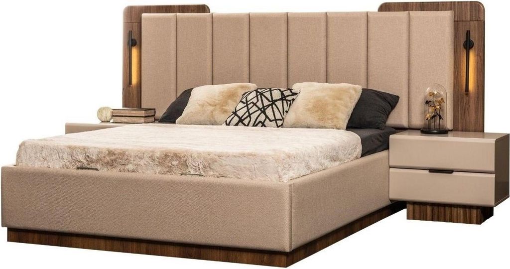 Komplette Schlafzimmer Doppelbett Bett Nachttische Beige Stoff 3tlg