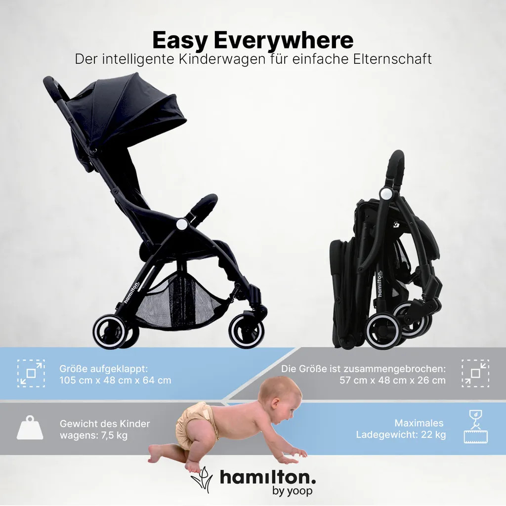 Poussette Canne Compacte Magic Fold S1 Plus Hamilton Noir pour Bébé Mobile - 22