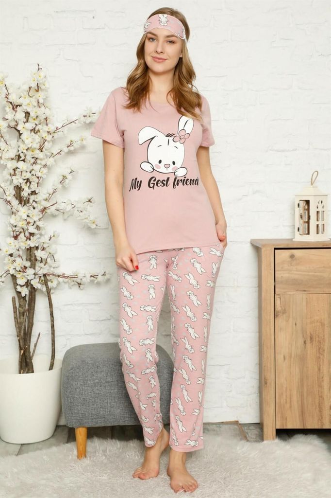 Damen Pyjama Schlafanzug Rosa L Kurz 3-Teiler Set mit Augenband S-44