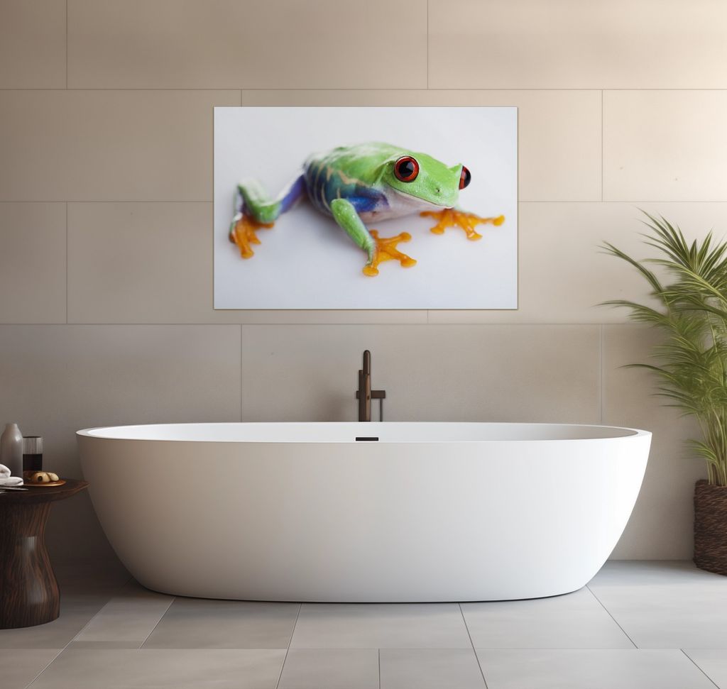 Wallario wasserfestes Poster selbstklebend 91,50 x 61 cm, Lustiger Frosch in grün und orange, Badezimmerposter Spritzschutz mit Hochglanzoberfläc...