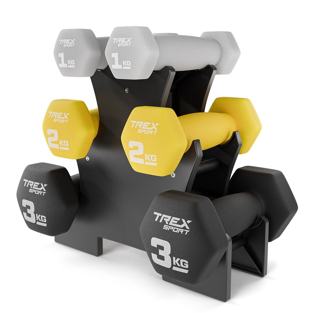 TREX SPORT Neopren Kurzhanteln 6er Set mit Ständer TX-V120VS | Hantelset 1 kg, 2 kg, 3 kg für Krafttraining | aus Gusseisen, rutschfest, platzspa...