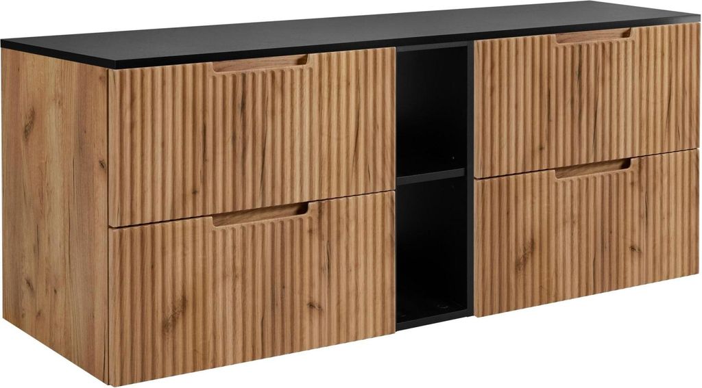 RODAN | Badmöbel - Braun und Schwarz - 140 cm - 4 Softclose Schubladen - Geriffelte Fronten - Hänge Badschrank