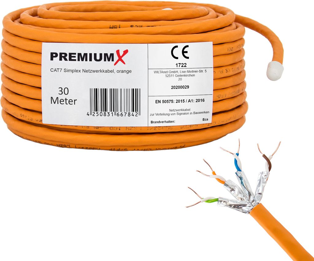 PremiumX 30m CAT 7 Netzwerkkabel Simplex LAN Kabel Ethernet Datenkabel