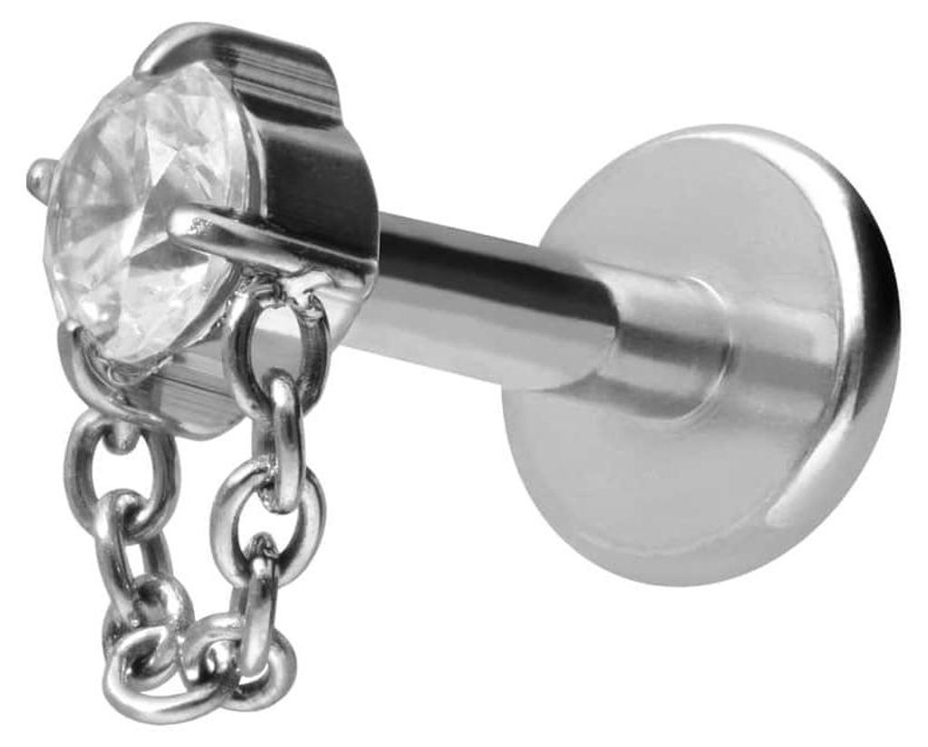 Ohrpiercing, Nasenpiercing Titan Labret mit Innengewinde KRISTALL + KETTE Silber Stablänge: 8mm | Stabstärke: 1,2mm